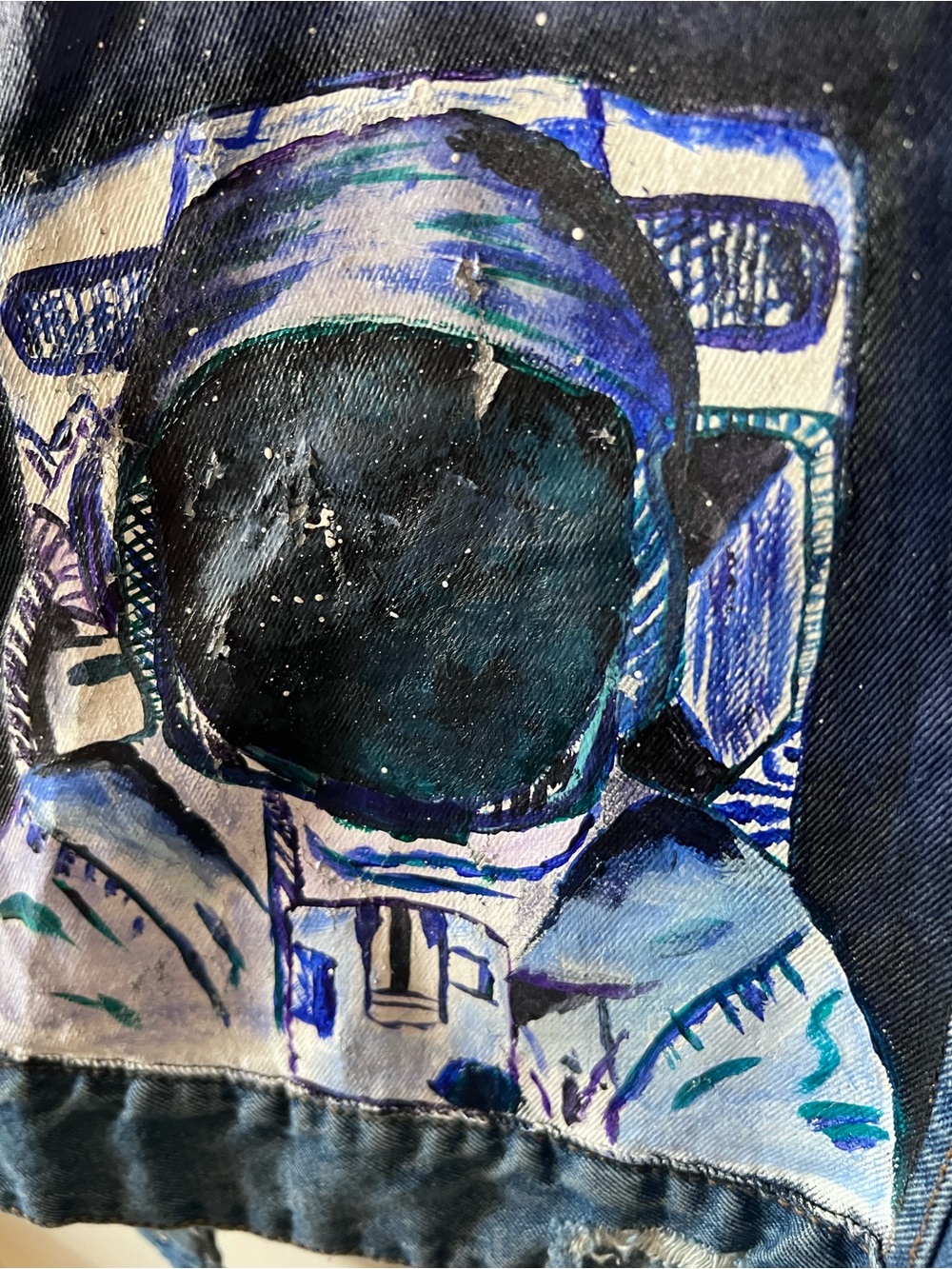 bp Upcycled Hand Painted Astronaut Space Denim Distressed Jacket Medium NWOT - Picture 10 of 10